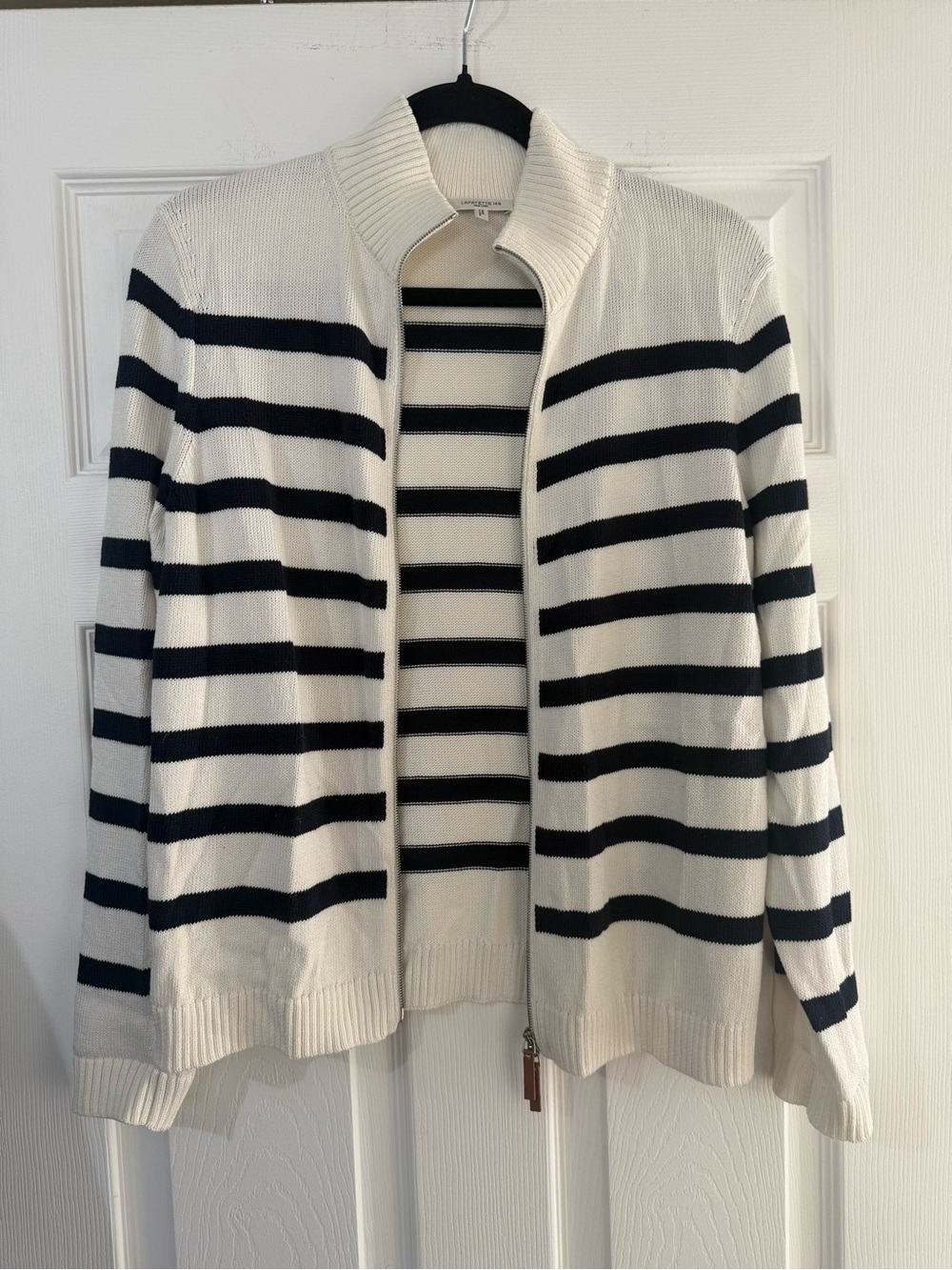 Lafayette 148 New York White and Black Striped Zip-Up Sweater